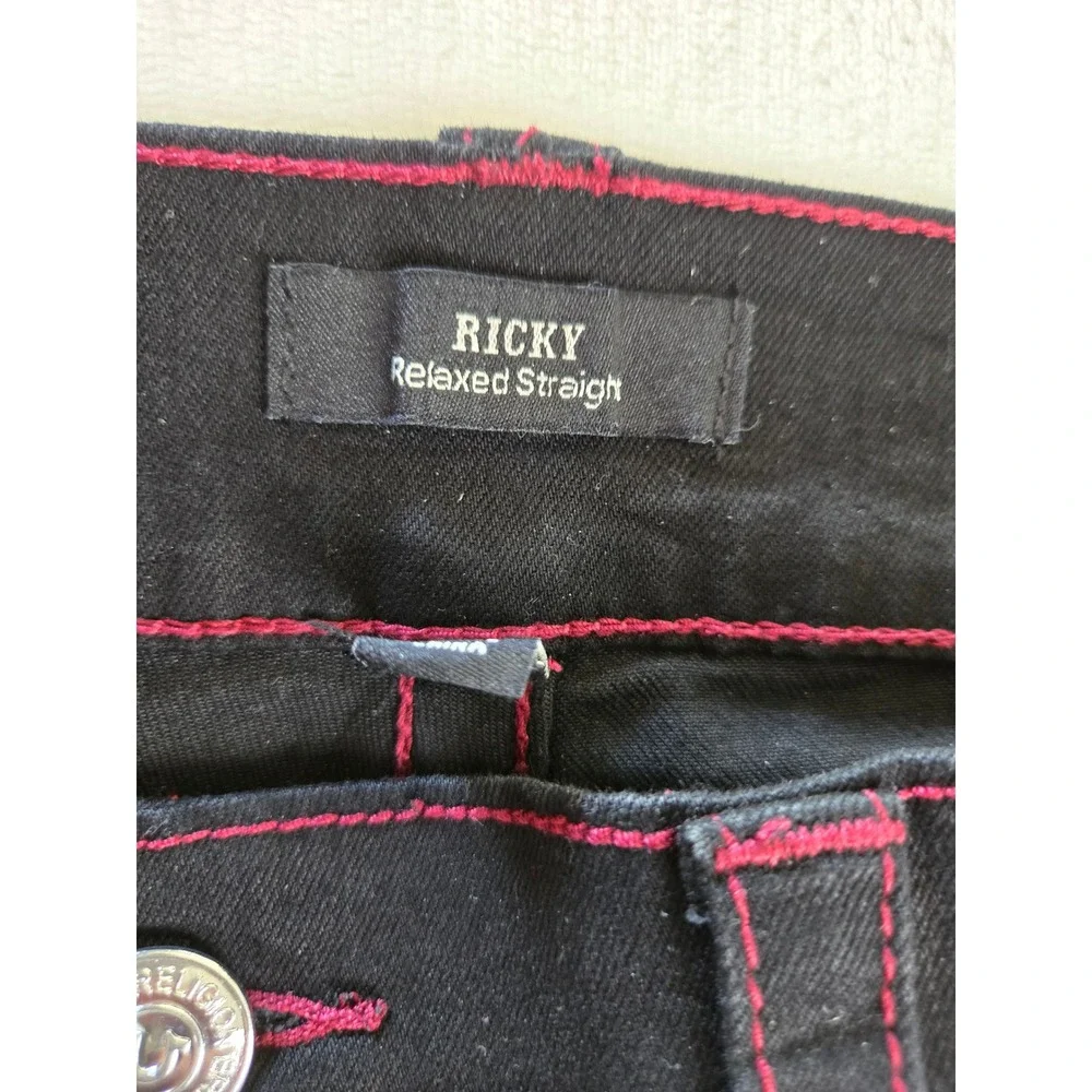 True Religion Ricky Relaxed Straight Black Jeans Red‎ Contrast Stitch Mens 36